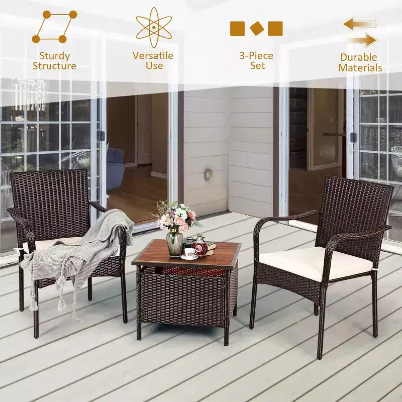 Costway 3PCS Patio Rattan Furniture Bistro Set Wood Side Table Stackable Chair