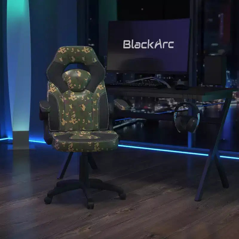 BlackArc High Back Gaming Chair with Faux Leather Upholstery, Height Adjustable Swivel Seat & Padded Flip-Up Arms