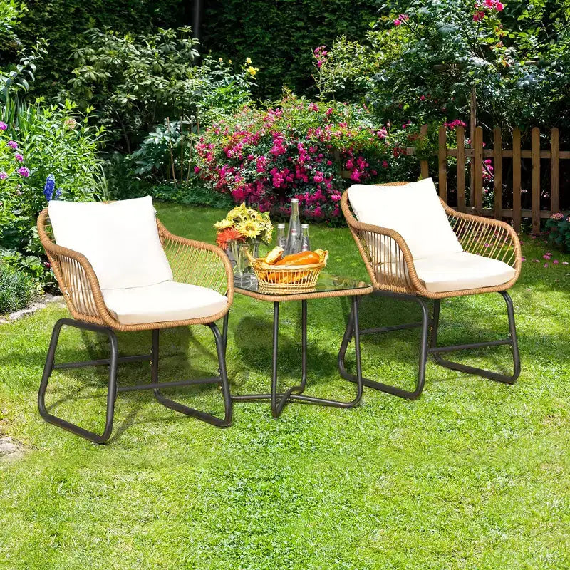 Costway 3PCS Patio Rattan Bistro Set All-Weather Cushioned Chair Table White