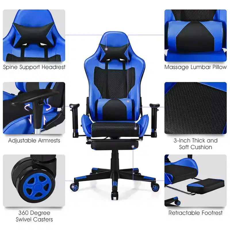 Costway Massage Gaming Chair Reclining Racing Office Computer Chair with Footrest White\Blue\Pink\Red