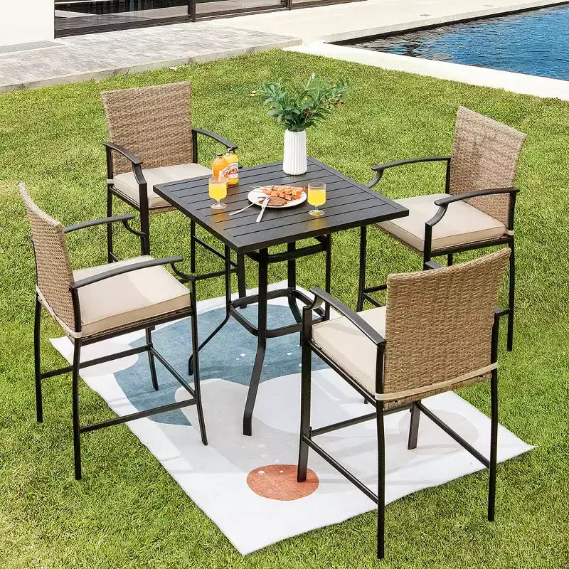 Costway 5PCS Outdoor Bistro Set Rattan Bar Stool Table Set with Cushions Steel Frame