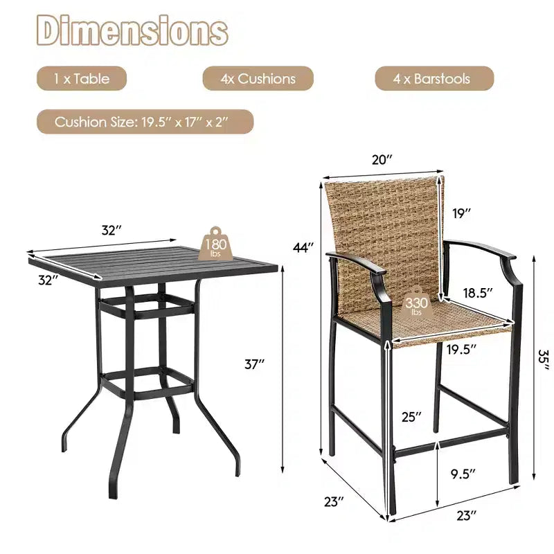 Costway 5PCS Outdoor Bistro Set Rattan Bar Stool Table Set with Cushions Steel Frame