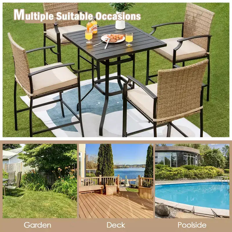 Costway 5PCS Outdoor Bistro Set Rattan Bar Stool Table Set with Cushions Steel Frame