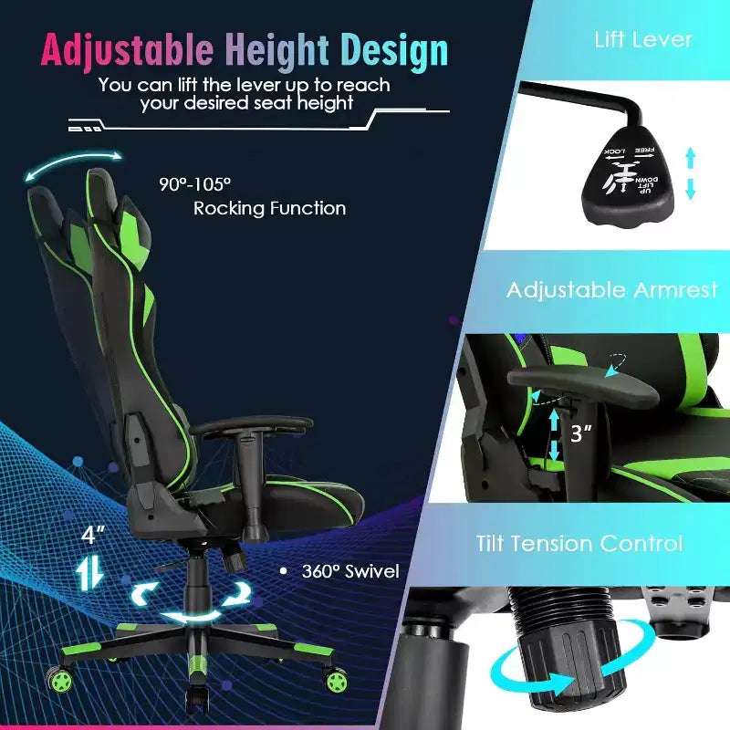 Costway Gaming Chair Adjustable Swivel Computer Chair w/ Dynamic LED Lights