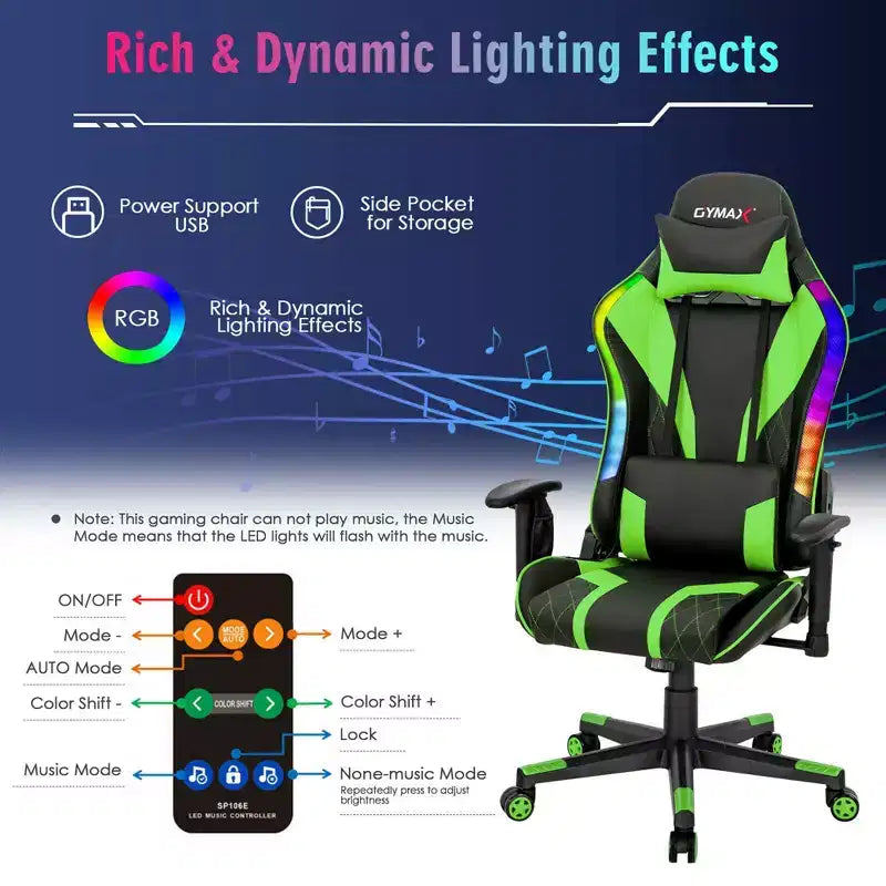 Costway Gaming Chair Adjustable Swivel Computer Chair w/ Dynamic LED Lights
