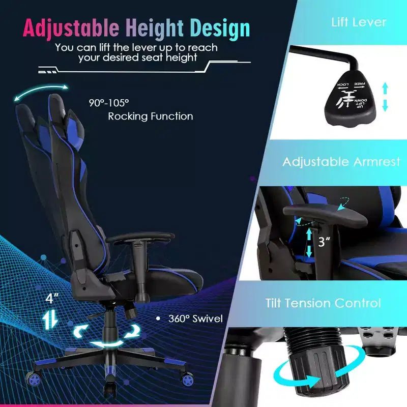 Costway Gaming Chair Adjustable Swivel Computer Chair w/ Dynamic LED Lights