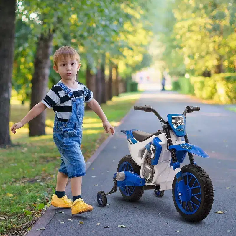 Aosom 12V Kids Motorcycle Dirt Bike Electric Battery-Powered Ride-On Toy Off-road Street Bike with Charging Battery, Training Wheels Blue