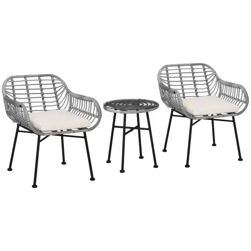 Outsunny 3-Piece Patio Rattan Chair and Table Furniture Set, Outdoor Bistro Set with Two Chairs and Coffee Table for Garden, or Backyard