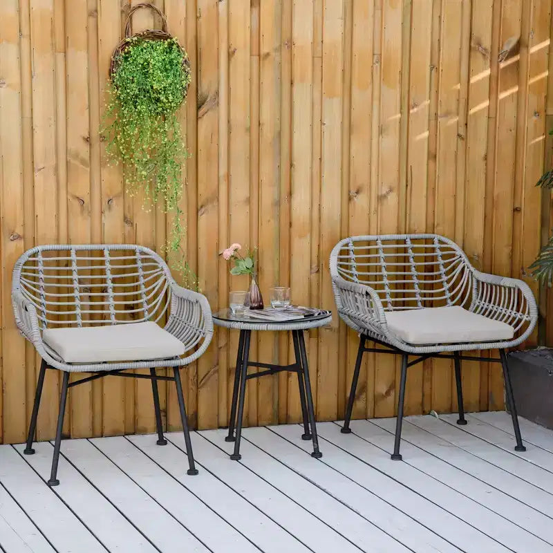 Outsunny 3-Piece Patio Rattan Chair and Table Furniture Set, Outdoor Bistro Set with Two Chairs and Coffee Table for Garden, or Backyard