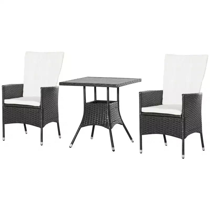 Outsunny 3 Piece Patio Bistro Set, Outdoor PE Wicker Furniture Conversation Set with Tufted Cushion Reclining Chairs & Coffee Table