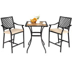 Costway 3 PCS Patio Bar Stool Square Table Bistro Set Cushioned Chairs Armrest