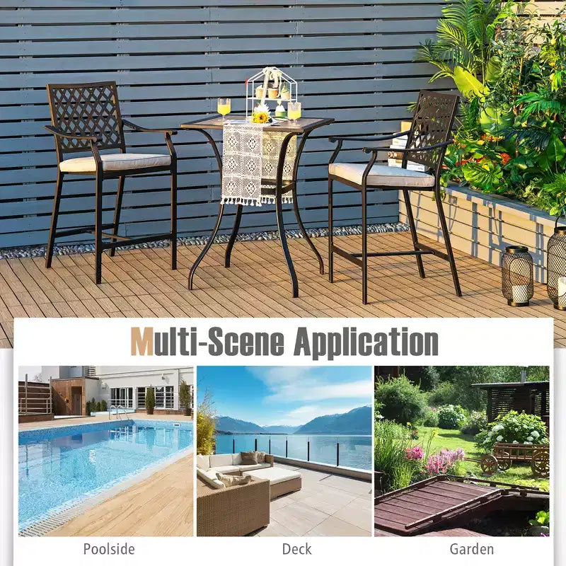 Costway 3 PCS Patio Bar Stool Square Table Bistro Set Cushioned Chairs Armrest