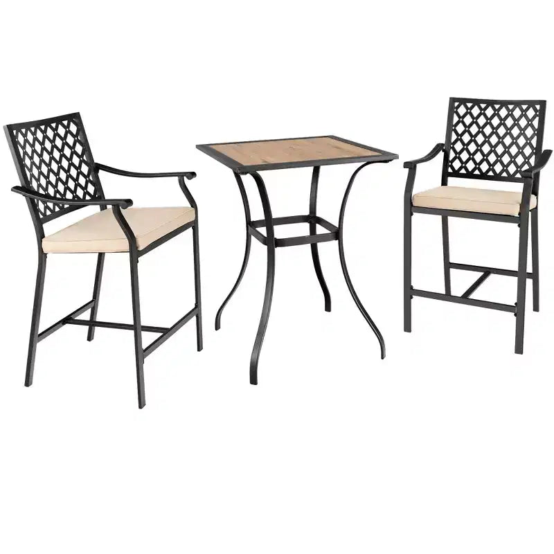 Costway 3 PCS Patio Bar Stool Square Table Bistro Set Cushioned Chairs Armrest