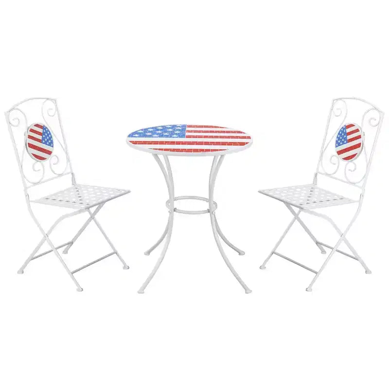 Outsunny 3 Piece Patio Bistro Set, Folding Outdoor Furniture with USA Mosaic Table and Chairs for 4th of July, Balcony, American Flag