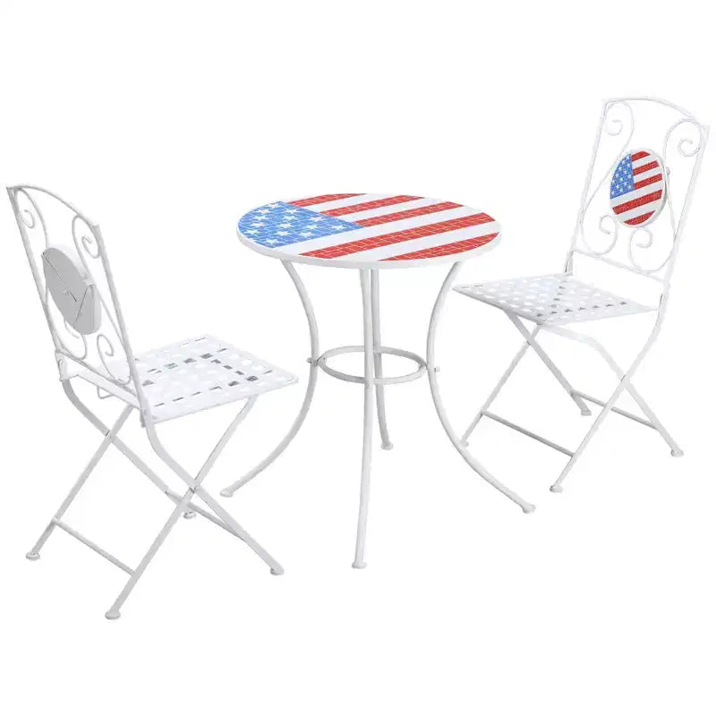Outsunny 3 Piece Patio Bistro Set, Folding Outdoor Furniture with USA Mosaic Table and Chairs for 4th of July, Balcony, American Flag