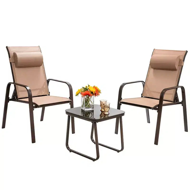 Costway 3PCS Patio Bistro Furniture Set Adjustable Back Stackable Chairs Brown\Black