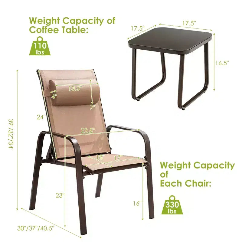 Costway 3PCS Patio Bistro Furniture Set Adjustable Back Stackable Chairs Brown\Black