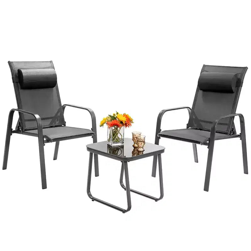 Costway 3PCS Patio Bistro Furniture Set Adjustable Back Stackable Chairs Brown\Black