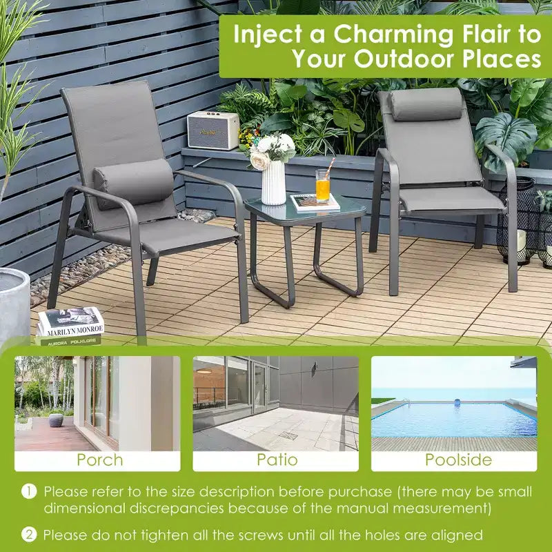 Costway 3PCS Patio Bistro Furniture Set Adjustable Back Stackable Chairs Brown\Black