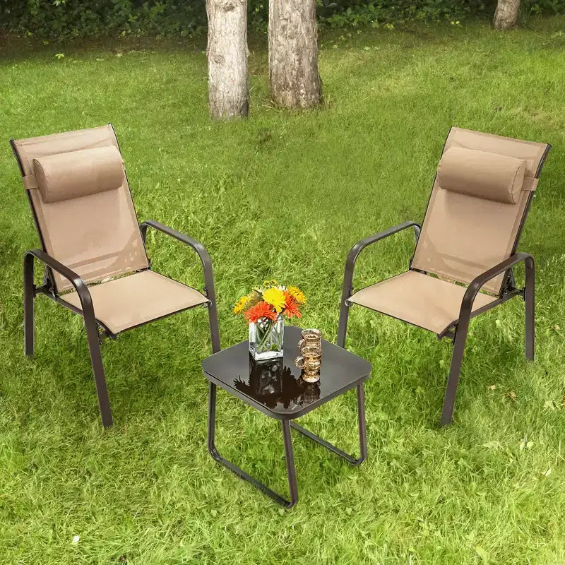 Costway 3PCS Patio Bistro Furniture Set Adjustable Back Stackable Chairs Brown\Black