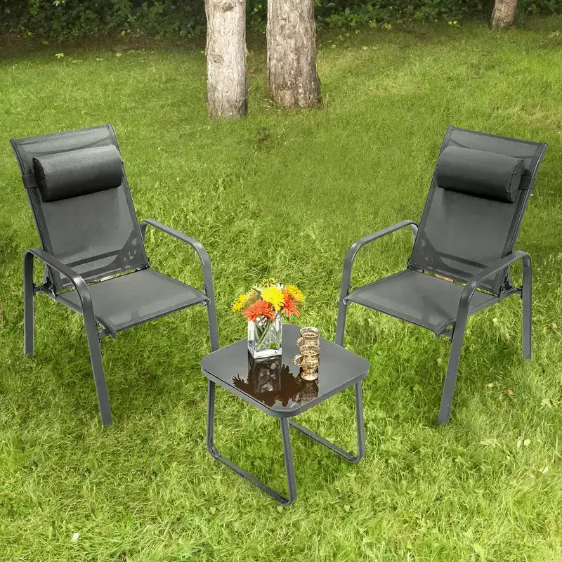 Costway 3PCS Patio Bistro Furniture Set Adjustable Back Stackable Chairs Brown\Black