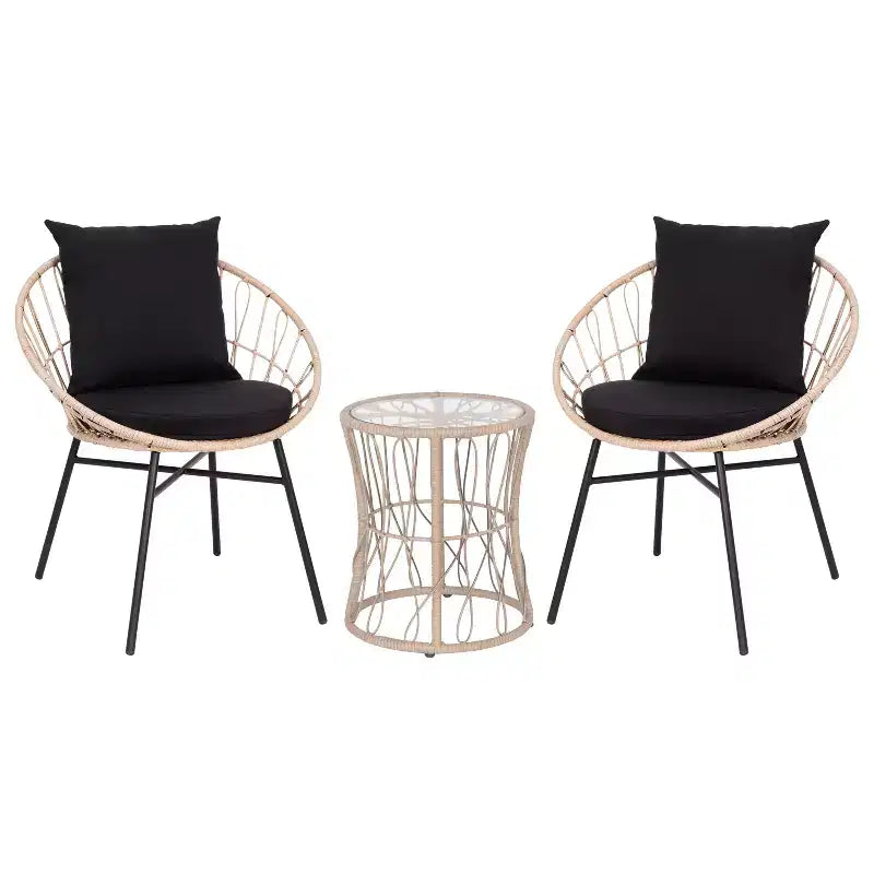 Flash Furniture Devon 3-Piece Indoor/Outdoor Bistro Set, Papasan Style Rattan Rope Chairs, Glass Top Side Table & Cushions