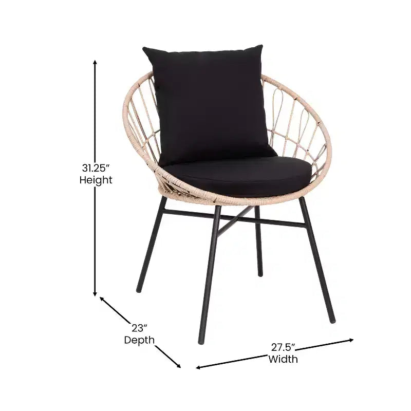 Flash Furniture Devon 3-Piece Indoor/Outdoor Bistro Set, Papasan Style Rattan Rope Chairs, Glass Top Side Table & Cushions