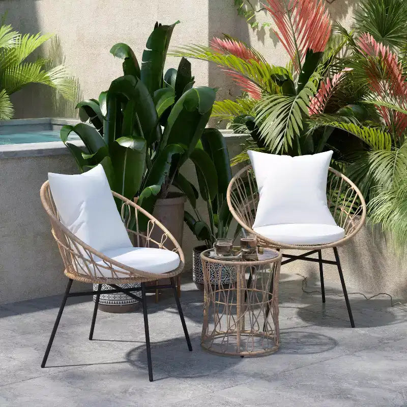 Flash Furniture Devon 3-Piece Indoor/Outdoor Bistro Set, Papasan Style Rattan Rope Chairs, Glass Top Side Table & Cushions