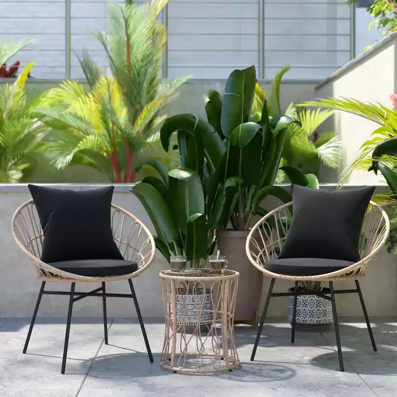 Flash Furniture Devon 3-Piece Indoor/Outdoor Bistro Set, Papasan Style Rattan Rope Chairs, Glass Top Side Table & Cushions