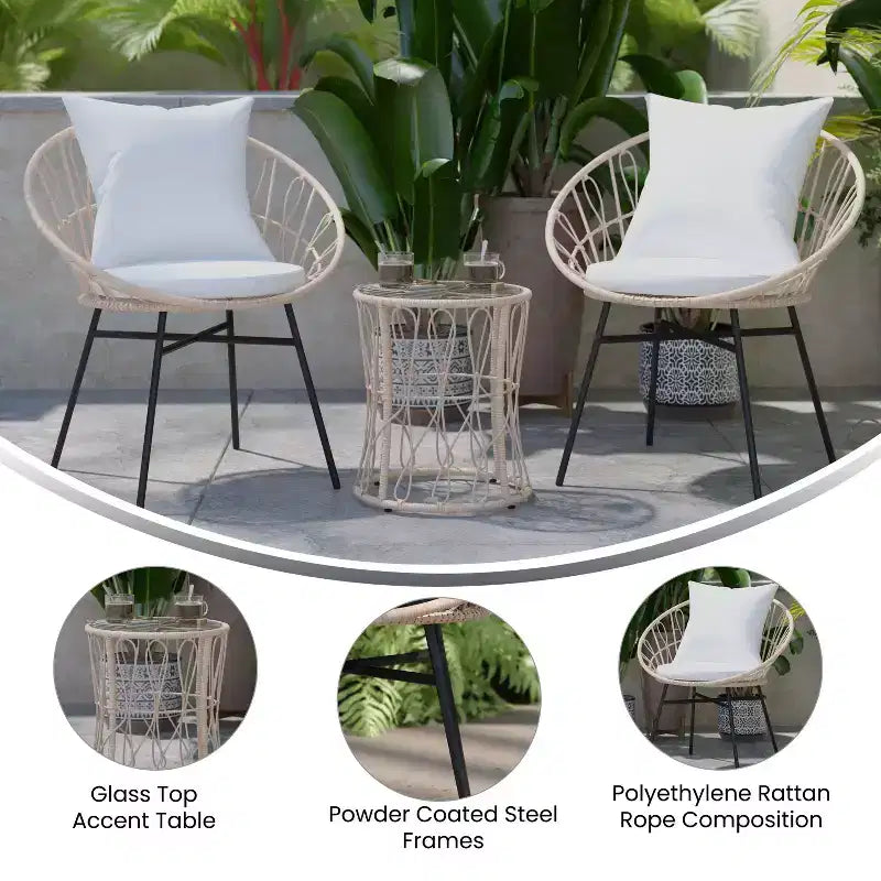 Flash Furniture Devon 3-Piece Indoor/Outdoor Bistro Set, Papasan Style Rattan Rope Chairs, Glass Top Side Table & Cushions