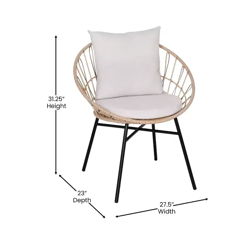 Flash Furniture Devon 3-Piece Indoor/Outdoor Bistro Set, Papasan Style Rattan Rope Chairs, Glass Top Side Table & Cushions