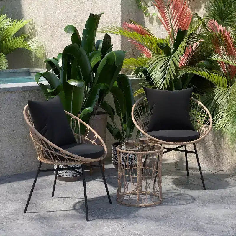 Flash Furniture Devon 3-Piece Indoor/Outdoor Bistro Set, Papasan Style Rattan Rope Chairs, Glass Top Side Table & Cushions