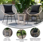Flash Furniture Devon 3-Piece Indoor/Outdoor Bistro Set, Papasan Style Rattan Rope Chairs, Glass Top Side Table & Cushions