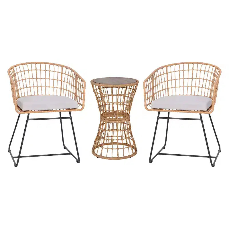 Flash Furniture Devon 3-Piece Patio Bistro Set, Indoor/Outdoor Rattan Rope Chairs, Acacia Wood Top Table & Seat Cushions