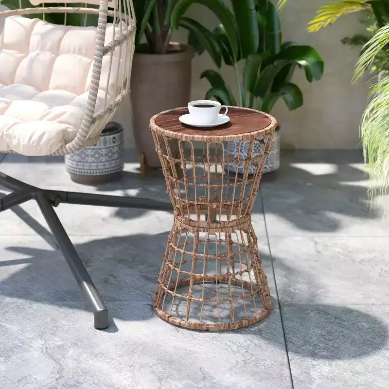 Flash Furniture Devon 3-Piece Patio Bistro Set, Indoor/Outdoor Rattan Rope Chairs, Acacia Wood Top Table & Seat Cushions