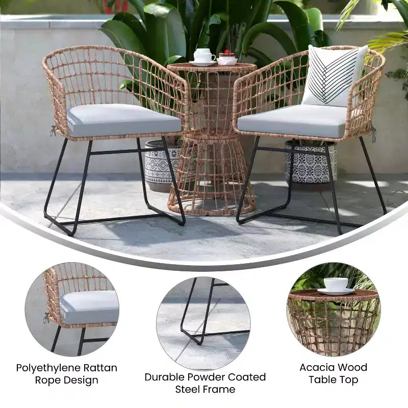 Flash Furniture Devon 3-Piece Patio Bistro Set, Indoor/Outdoor Rattan Rope Chairs, Acacia Wood Top Table & Seat Cushions