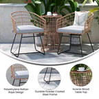 Flash Furniture Devon 3-Piece Patio Bistro Set, Indoor/Outdoor Rattan Rope Chairs, Acacia Wood Top Table & Seat Cushions