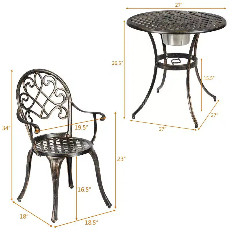Costway 3PCS Patio Dining Set Aluminum Bistro Attached Removable Ice Bucket