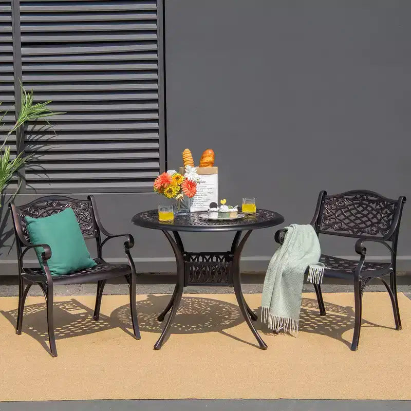 Costway 3 PCS Patio Dining Bistro Set Cast Aluminum Round Patio Table W/Chairs