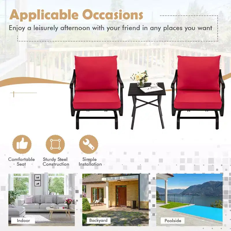 Costway 3PCS Patio Rocking Bistro Set Cushioned Chair Armrest Side Table Red