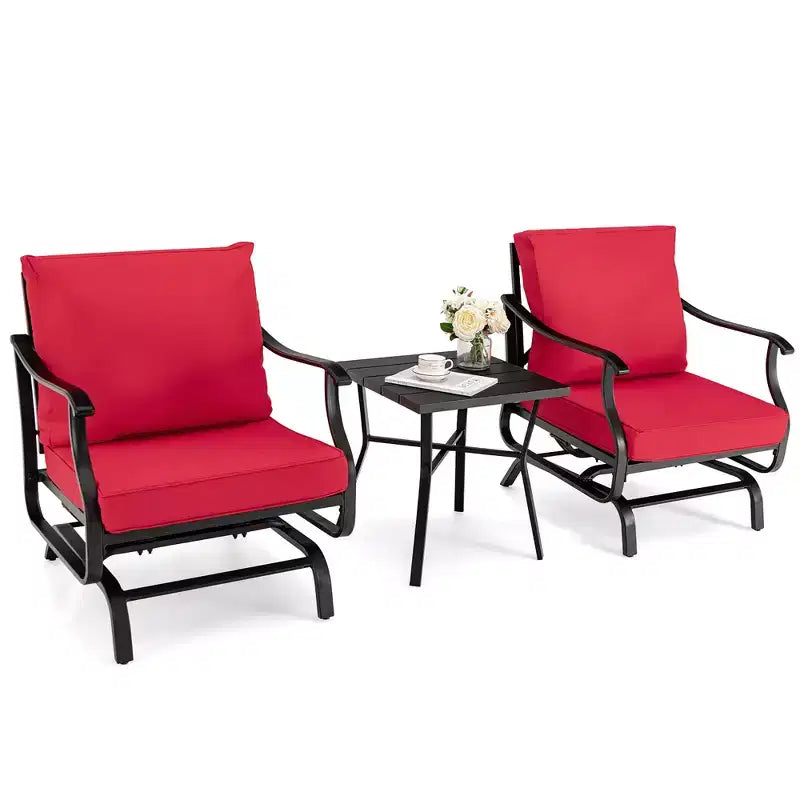 Costway 3PCS Patio Rocking Bistro Set Cushioned Chair Armrest Side Table Red