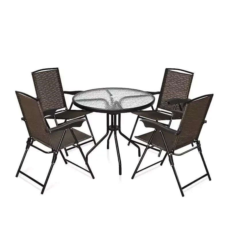 Costway 5PC Bistro Outdoor Patio Furniture Set Glass Table W/4 Folding Adjustable Chairs