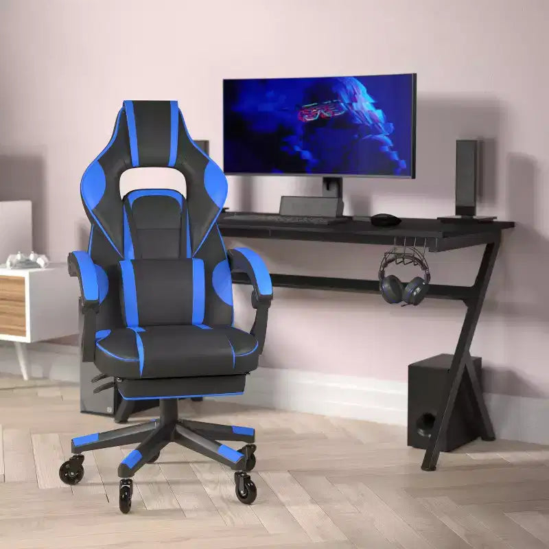 Flash Furniture X40 Gaming Chair Racing Computer Chair with Fully Reclining Back/Arms and Transparent Roller Wheels, Slide-Out Footrest