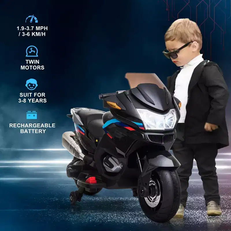 Aosom Kids Motorcycle with Training Wheels, Roaring Engine Design Ride-on Toy for Ages 3-8, High-Traction Mini Motorbike with Light Music