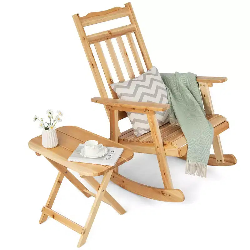 Costway 2PCSPatio Wooden Rocking Chair Bistro Set High Backrest with Folding Side Table