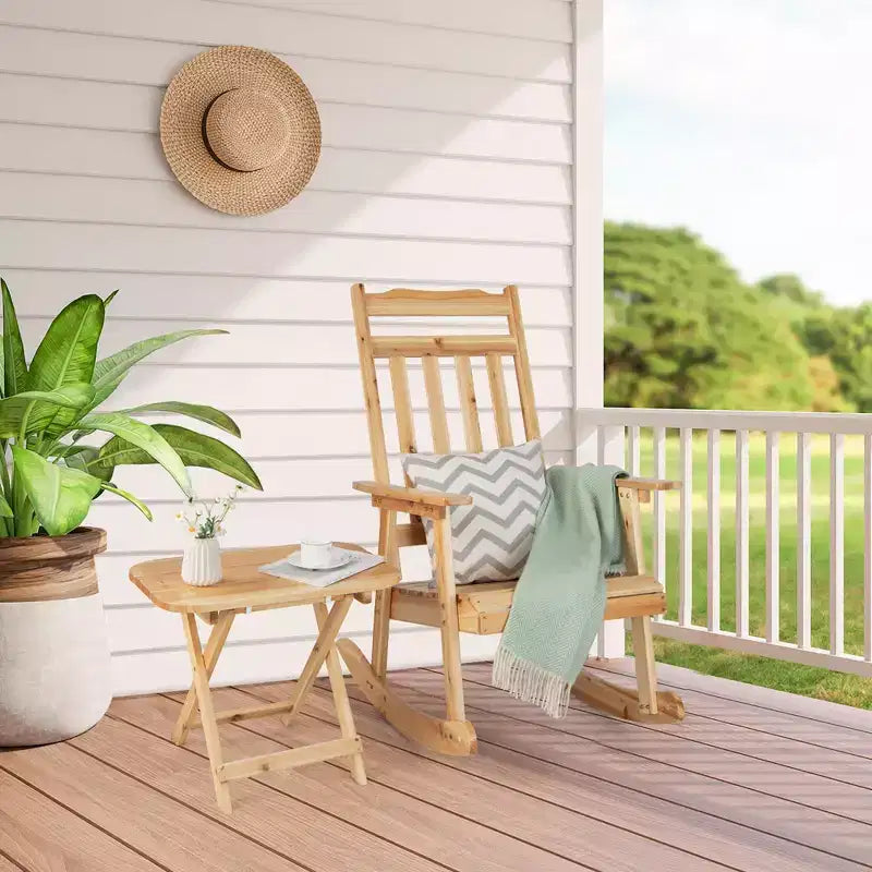 Costway 2PCSPatio Wooden Rocking Chair Bistro Set High Backrest with Folding Side Table