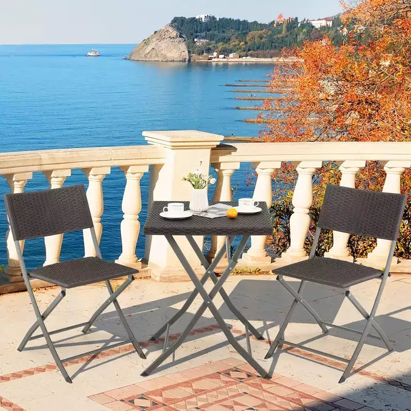 Costway 3PCSPatio Folding Rattan Bistro Set Chairs Backrest Table Garden Deck