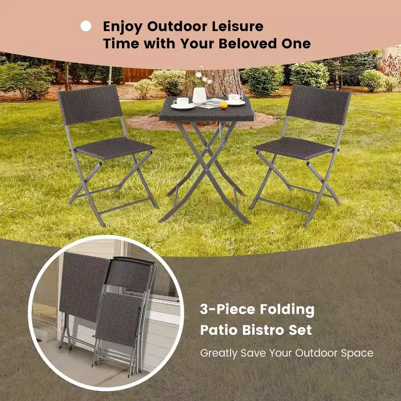 Costway 3PCSPatio Folding Rattan Bistro Set Chairs Backrest Table Garden Deck