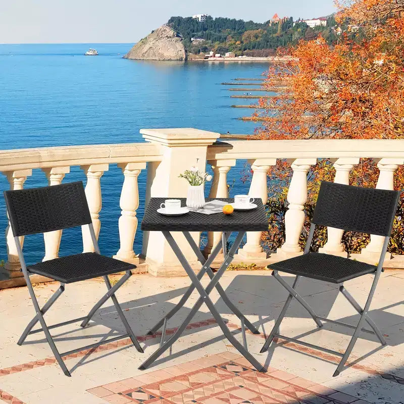 Costway 3PCSPatio Folding Rattan Bistro Set Chairs Backrest Table Garden Deck