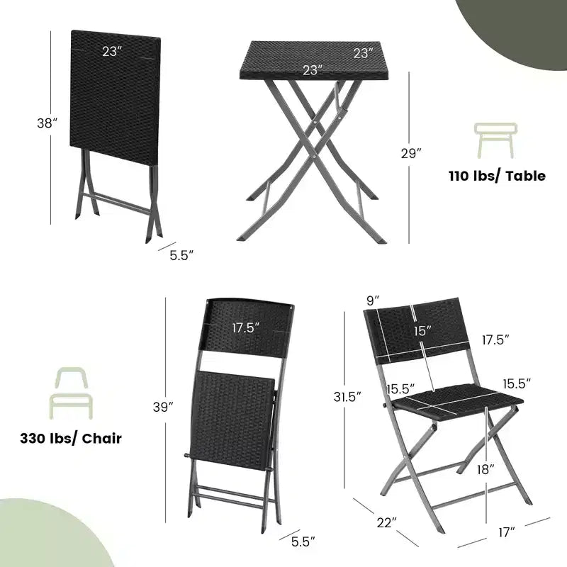 Costway 3PCSPatio Folding Rattan Bistro Set Chairs Backrest Table Garden Deck